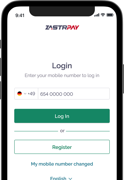 Zastrpay login screen with mobile number input field