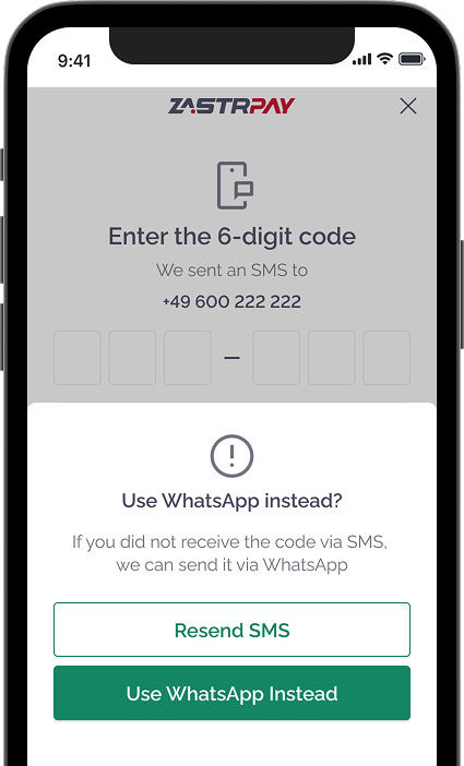 Zastrpay app screen with 'Send code via WhatsApp' option